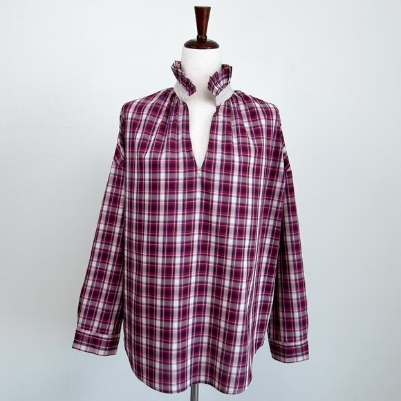 A Shirt Thing Tops - A Shirt Thing Ruffle Collar Berry Plaid Cotton Long Sleeve Penelope Shirt MEDIUM